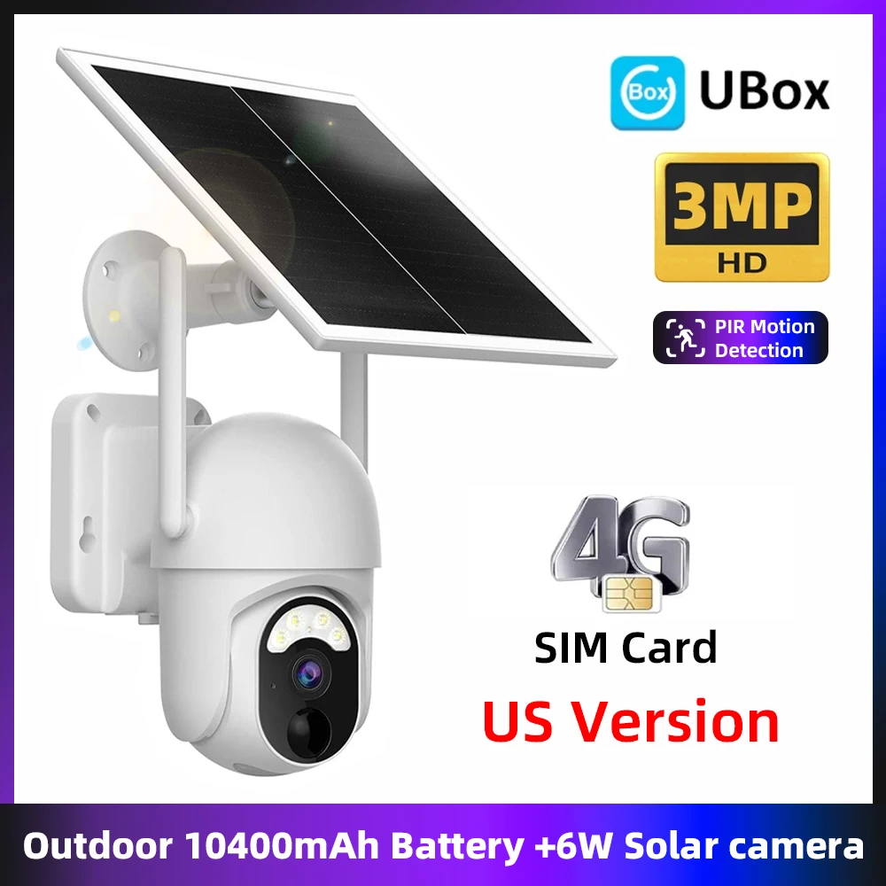 Американская Sim-Карта 3MP UBox APP CCTV Camera 4G Солнечная Батарея Наружная Безопасность PTZ PIR Motion Detect Spotlight IP Камера Видеонаблюдения
