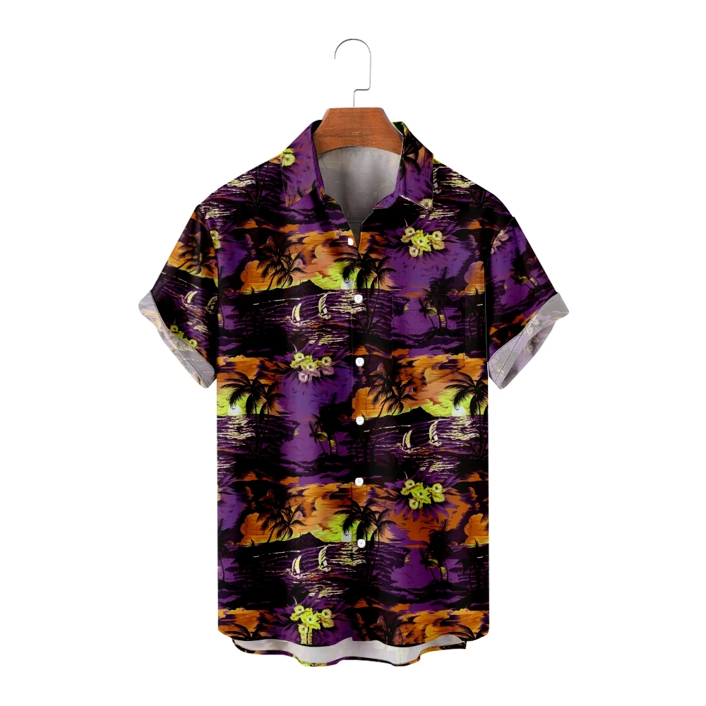 Гавайские рубашки для мужчин с пляжным закатным принтом, фиолетовые рубашки с коротким рукавом, классные летние топы, винтажные дышащие