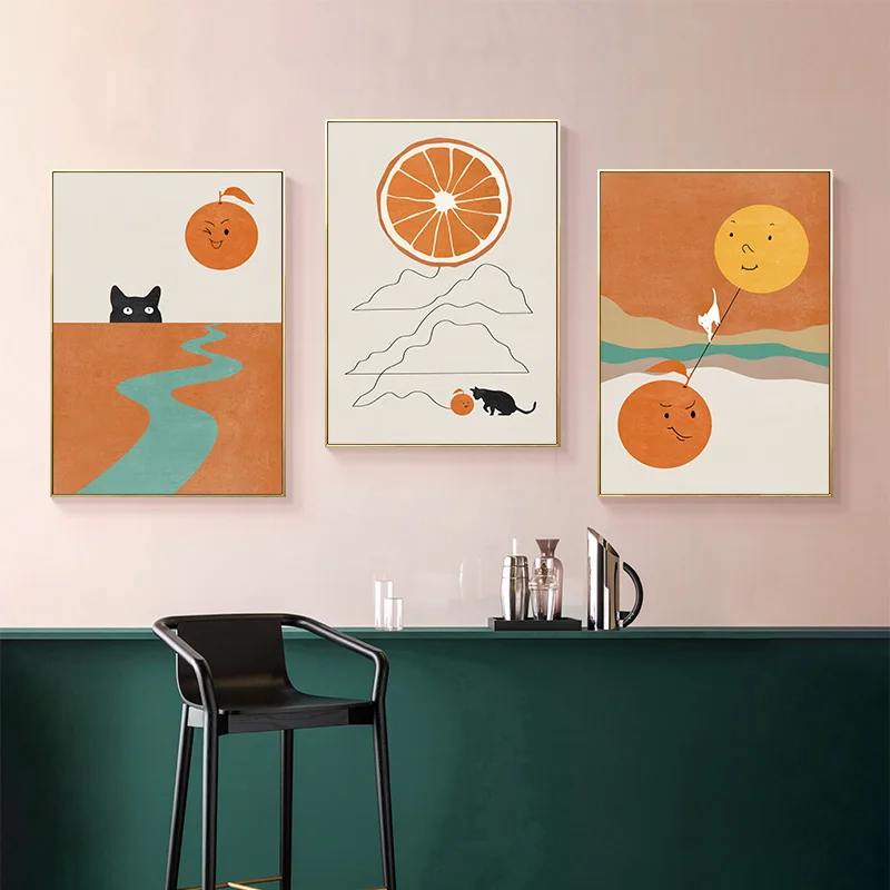 Картина с животными на холсте, плакат с милым мультяшным котом, плакат с оранжевыми фруктами, настенная роспись для спальни, домашний декор, современная декоративная живопись,