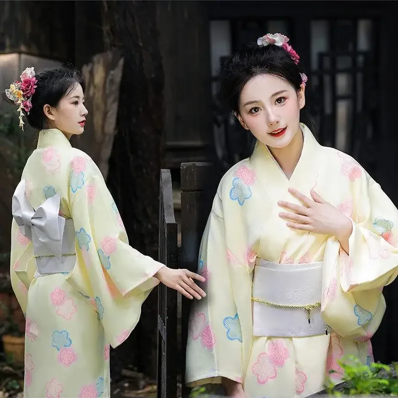 Традиционная японская Винтажная одежда, женская мода, Желтое Кимоно, Кардиган, Элегантный костюм, халат, Длинное платье для косплея.